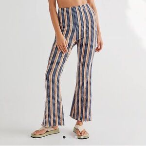 Free People Fine Line Slim High Waist Flare Striped Textured Boho Pants NWT S